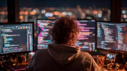 Dedicated coder intensely focused on multiple monitors displaying complex code late at night with city lights blurred in background