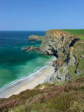 Beautiful sunny day on dramtic cliffs at Basset Cove near Portreath Cornwall England