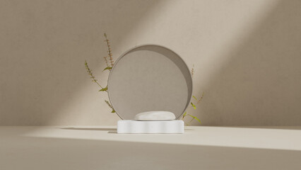 Minimal abstract 3D background featuring a circular product podium with subtle botanical accents, set in a clean architectural space with soft natural light and gentle shadows.