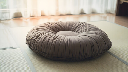 tatami. A meditation cushion on a tatami mat in a serene zen setting with natural lighting. wellbeing guides, coaching materials, designed for coaching and self-improvement content.