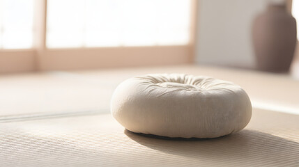 tatami. A meditation cushion on a tatami mat in a serene zen setting with natural lighting. wellbeing guides, coaching materials, designed for coaching and self-improvement content.