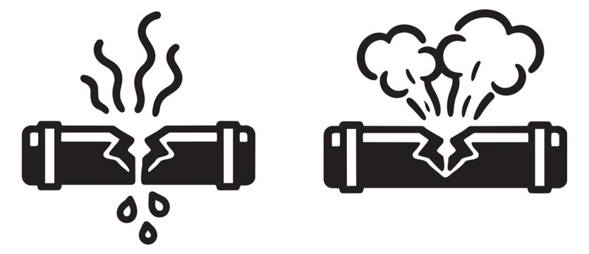 Line art broken pipe icon set featuring leaking water and bursting steam for plumbing repair and maintenance - Powered by Adobe