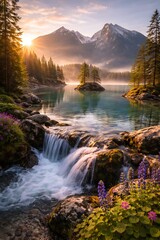Scenic alpine lake at sunrise featuring a cascading waterfall flowing over moss-covered rocks into crystal-clear turquoise water. Snow-capped mountains, evergreen forest, soft mist, and warm golden.