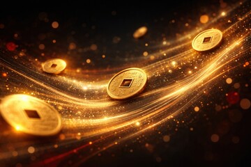 A mesmerizing display of golden coins shimmering in a dynamic swirl of light, capturing the essence of wealth and luxury in a vibrant, abstract setting.