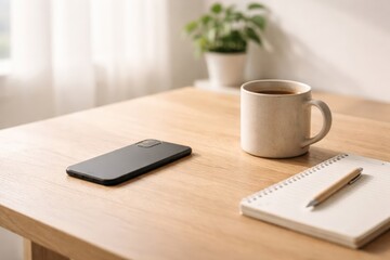 A Cozy Workspace Featuring a Mobile Device, a Coffee Mug, and a Notepad on a Wooden Table Surrounded by Natural Light and Greenery