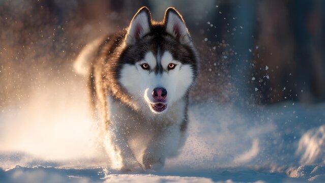Husky puppy snow silhouette. Red and white Siberian Husky running through snow. Happy running husky sunlit background. Sakhalin husky, wolf in winter forest, huski silhouette. 