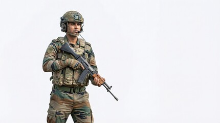 Fototapeta premium Soldier in camouflage gear holding rifle with serious expression