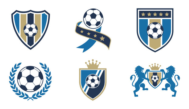 Soccer trophy and shield emblem set with laurel wreath, crown, star, ribbon, and lion crest, vector illustration for football club identity, championship branding, and professional sports design.