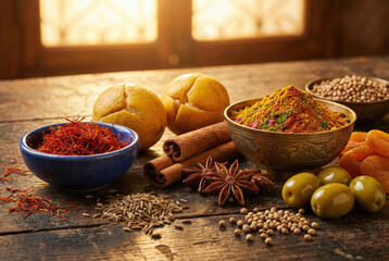 Especias tradicionales marroqu&iacute;es sobre mesa r&uacute;stica con luz c&aacute;lida