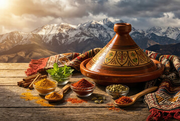 Tajine marroqu&iacute; con especias frente a las monta&ntilde;as del Atlas