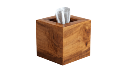 Wooden box holding tissue, view is close and at an angle