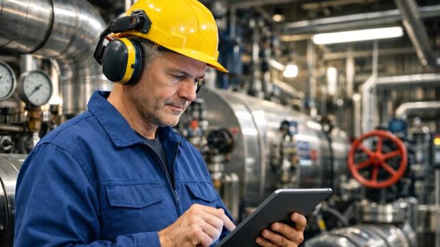 Caucasian man engineer working on industrial pipeline with tablet while standing in heating plant.
