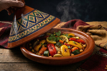 Taj&iacute;n de verduras tradicional marroqu&iacute; reci&eacute;n servido con toque artesanal