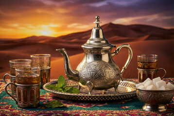 T&eacute; marroqu&iacute; con menta servido al atardecer en el desierto