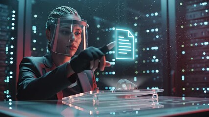 Woman wearing AR headset touches holographic document at office desk. Professional woman uses augmented reality headset for work. Woman interacts with holographic interface. AR headset display. - Powered by Adobe