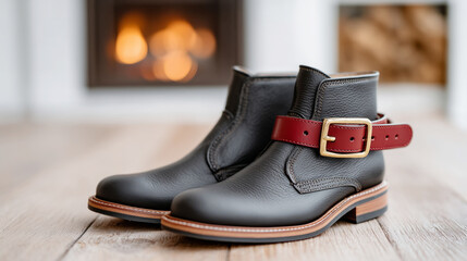 Santa's boots and belt next to cozy fireplace for festive holiday decor