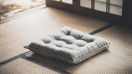 tatami. A meditation cushion on a tatami mat in a serene zen setting with natural lighting. wellbeing guides, coaching materials, designed for coaching and self-improvement content.