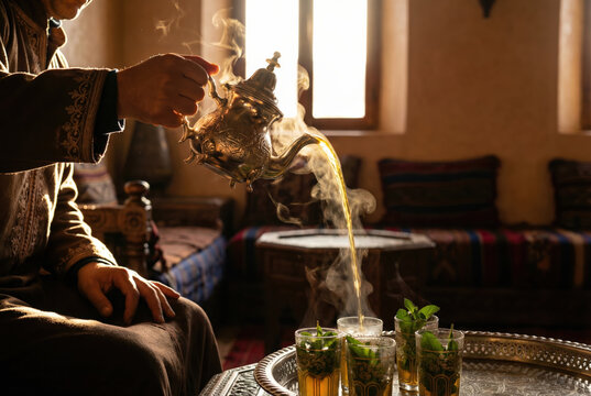 Servido tradicional de t&eacute; marroqu&iacute; a la menta en interior