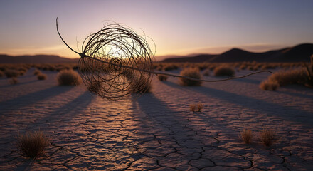 Tumbleweed rolling across dry desert landscape at sunset