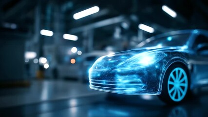 Futuristic blue vehicle design hologram in automotive factory defocused manufacturing background digital visualization concept automobile production innovation technological - Powered by Adobe