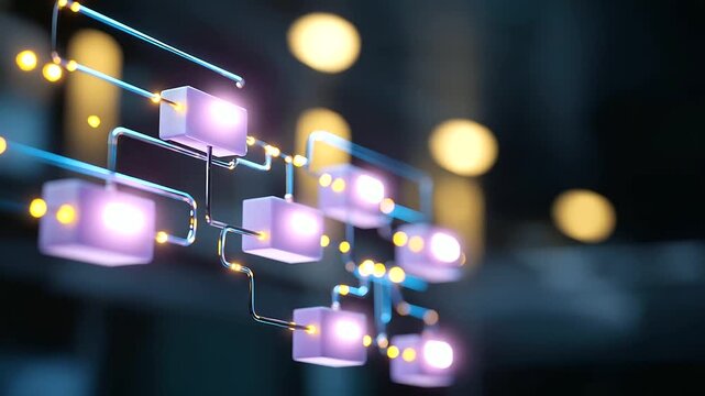 Workflow automation artificial intelligence software interface nodes triggers defocused data tool dashboard background coding icon flow process technology 3D rendering