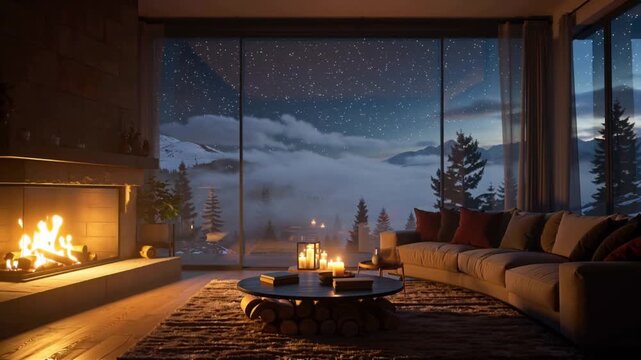 A more artistic, slightly surreal version, a cozy living room fireplace glows animated spark particles float room. large window night sky shimmers constellations, shooting stars, faint aurora majestic