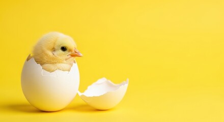 Newborn Chick Emerging from Eggshell on Yellow Background.