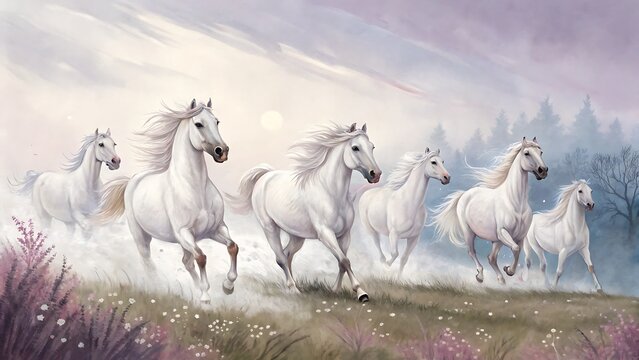 Majestic white horses galloping across a misty field under a soft glow