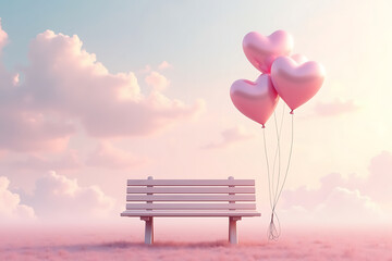 A serene landscape with a white bench and pink heart-shaped balloons floating in the sky