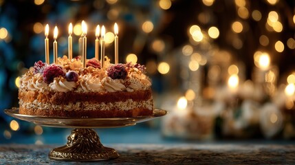Golden Candles on a Fruit - Topped Celebration Cake with Bokeh Lights in the Background