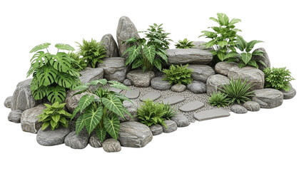 Serene garden landscape with lush greenery and stone pathway