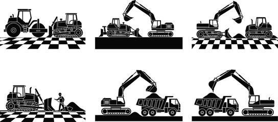 Construction machinery silhouette illustration, excavator bulldozer loader and dump truck industrial earthmoving workflow © Md Rofequl Islam