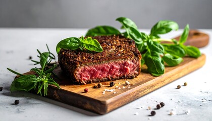 Rare Steak with Herbs on Wooden Board.