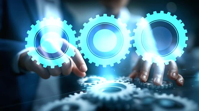 System engineers hand touch solutions automation technology faceless professionals defocused digital background workflow optimization robotics integration efficiency scalability