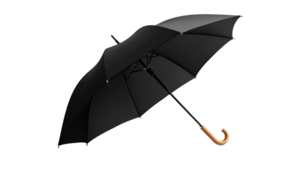 Black Umbrella with Wooden Handle on Transparent Background