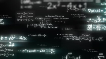 Floating mathematical formulas and physics equations drift through a dark cinematic space, creating an abstract science background ideal for technology, education, research visuals, futuristic - Powered by Adobe