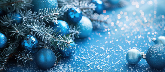 Festive Ornaments in the Winter: A charming holiday scene with elegant blue ornaments nestled amidst frosted evergreen branches, sparkling with glitter, embodying the spirit of winter's serenity.