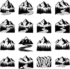 Minimal Mountain Icon Set Black Vector Logotype Collection