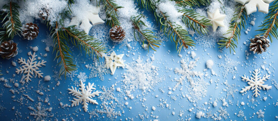 Winter Wonderland Composition: The essence of winter is captured with intricate snowflakes and frosted pine branches artfully arranged against a sky-blue backdrop. Evoking the crispness of the season.