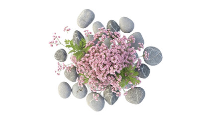 Serene arrangement of pink flowers and smooth gray stones
