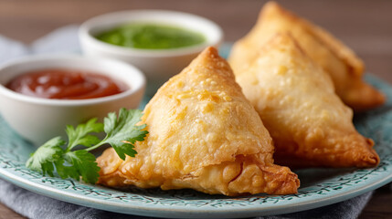 Delicious indian cuisine close up of crispy samosas with chutney for festive celebration