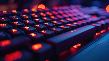 Creative Tech Background Featuring Glowing Mechanical Keyboard in Dark Setting