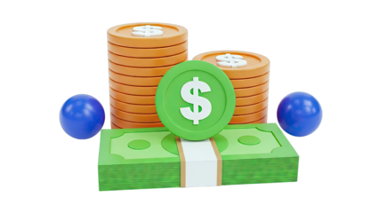 Money Stacks and Coins with Blue Spheres