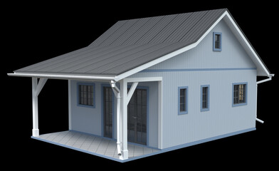 Light blue small cottage with porch, glass doors and grey roof. 3d illustration isolated on black