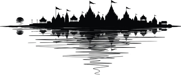 Panoramic Varanasi, India city silhouette for travel and religious tourism