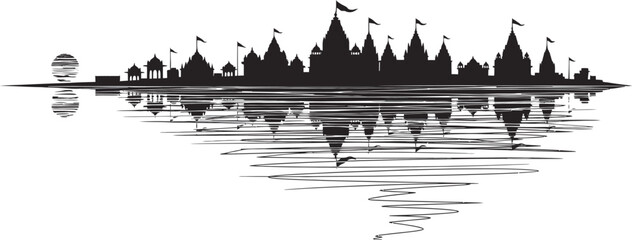 Black and white Varanasi, India, cityscape vector with spiritual landmarks