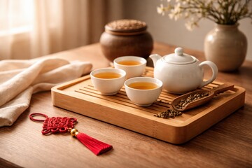 A Tranquil Tea Experience: Exploring the Serenity of Tea Culture with Delicate Teapot and Cups on a Wooden Tray