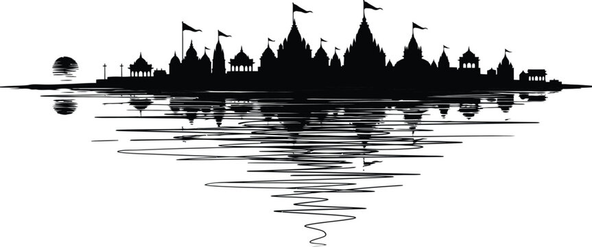 Panoramic Varanasi, India city silhouette for travel and religious tourism