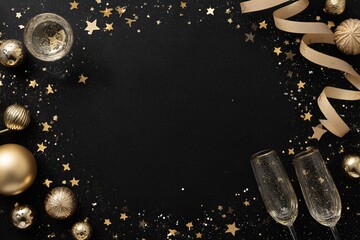 Gold Christmas Decorations on Black Background with Champagne Flutes and Stars