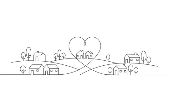 Continuous One Line Drawing Village Landscape With Heart Houses Neighborhood, Single Line Art Community Love Illustration, Minimalist Real Estate Vector SVG PNG